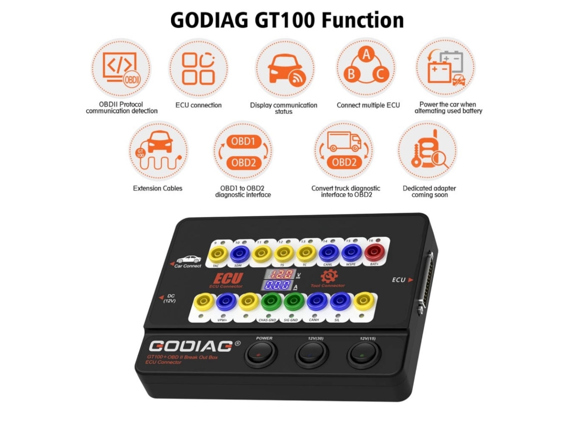 Godiag - GT100+ - OBD II Break Out Box ECU Connector With Display & CANBUS Protocol