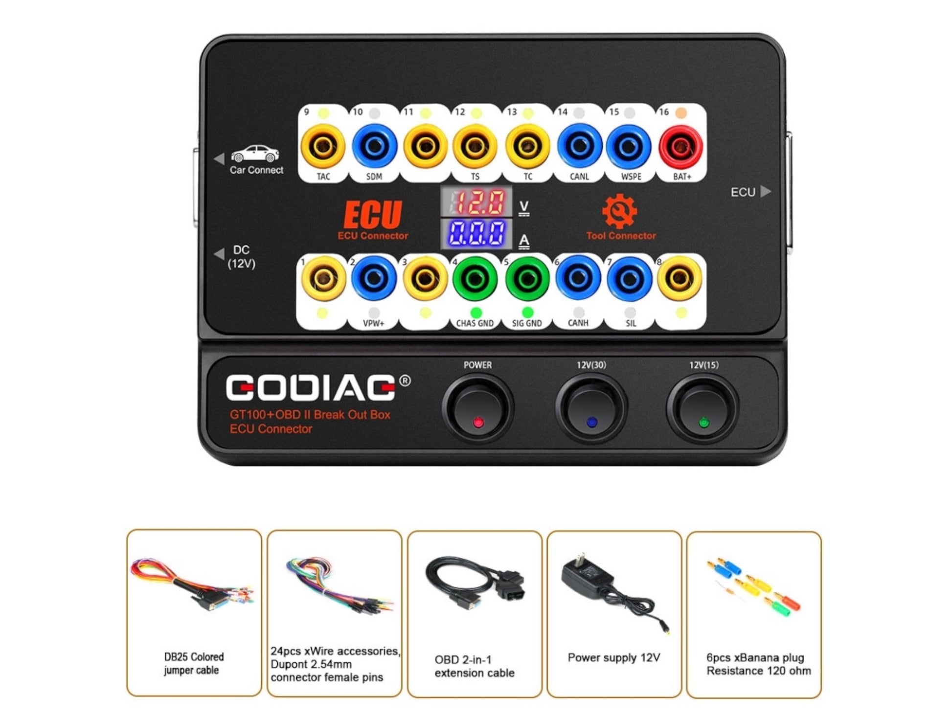 Godiag - GT100+ - OBD II Break Out Box ECU Connector With Display & CANBUS Protocol