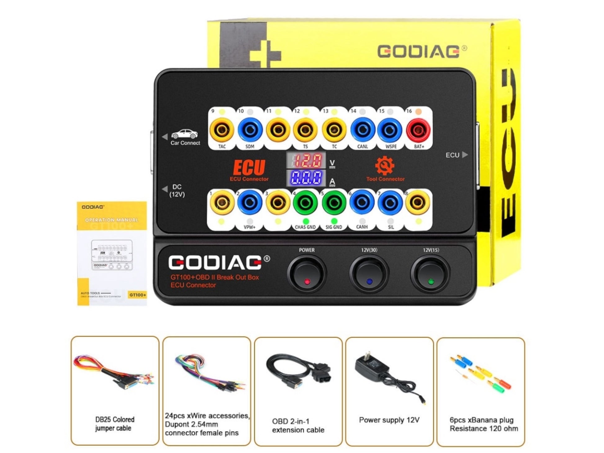 Godiag - GT100+ - OBD II Break Out Box ECU Connector With Display & CANBUS Protocol