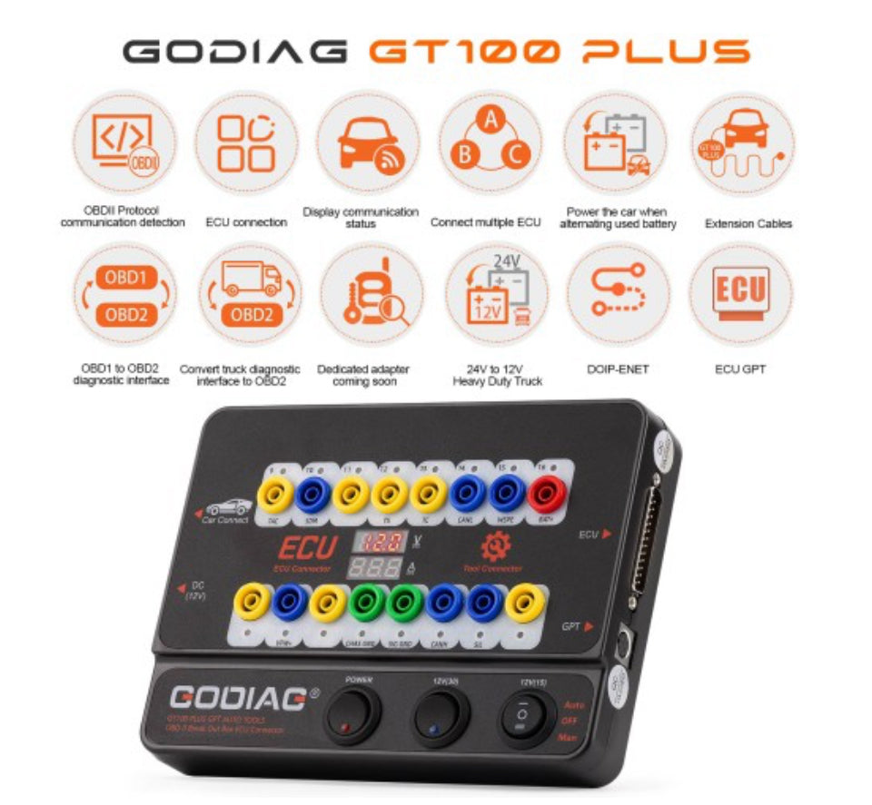 Godiag - GT100 PLUS GPT ENET DOIP 24V-12V Auto Tools OBD II Break Out Box ECU Connector