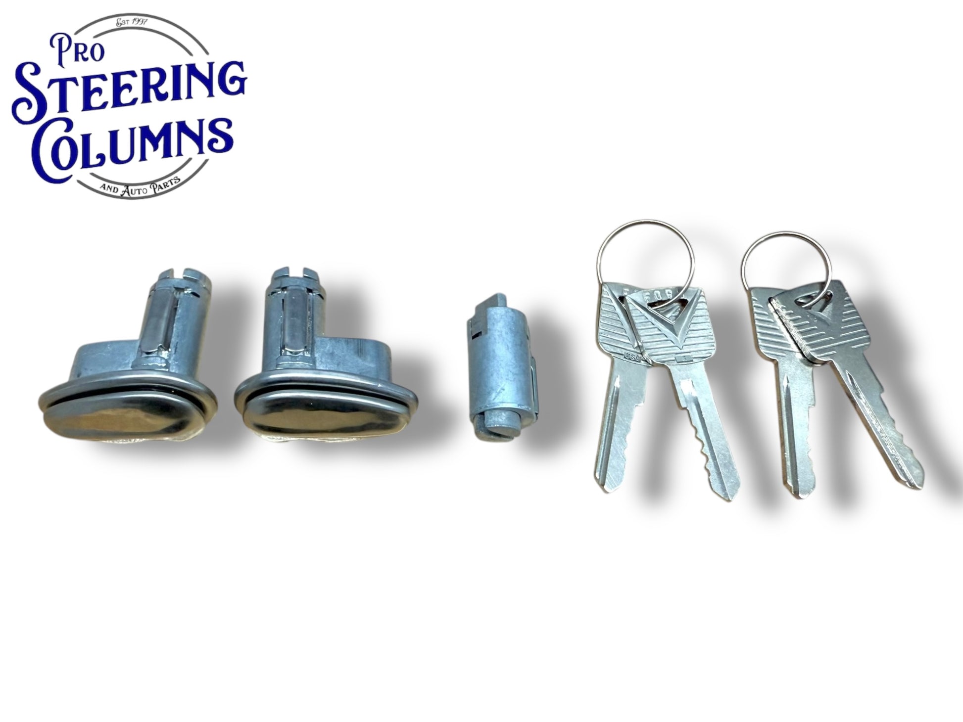 52-60 Ford Pickup Fairlane Galaxie Ignition & Door Lock Flip Cover Set Logo Keys New (Keyed Alike)