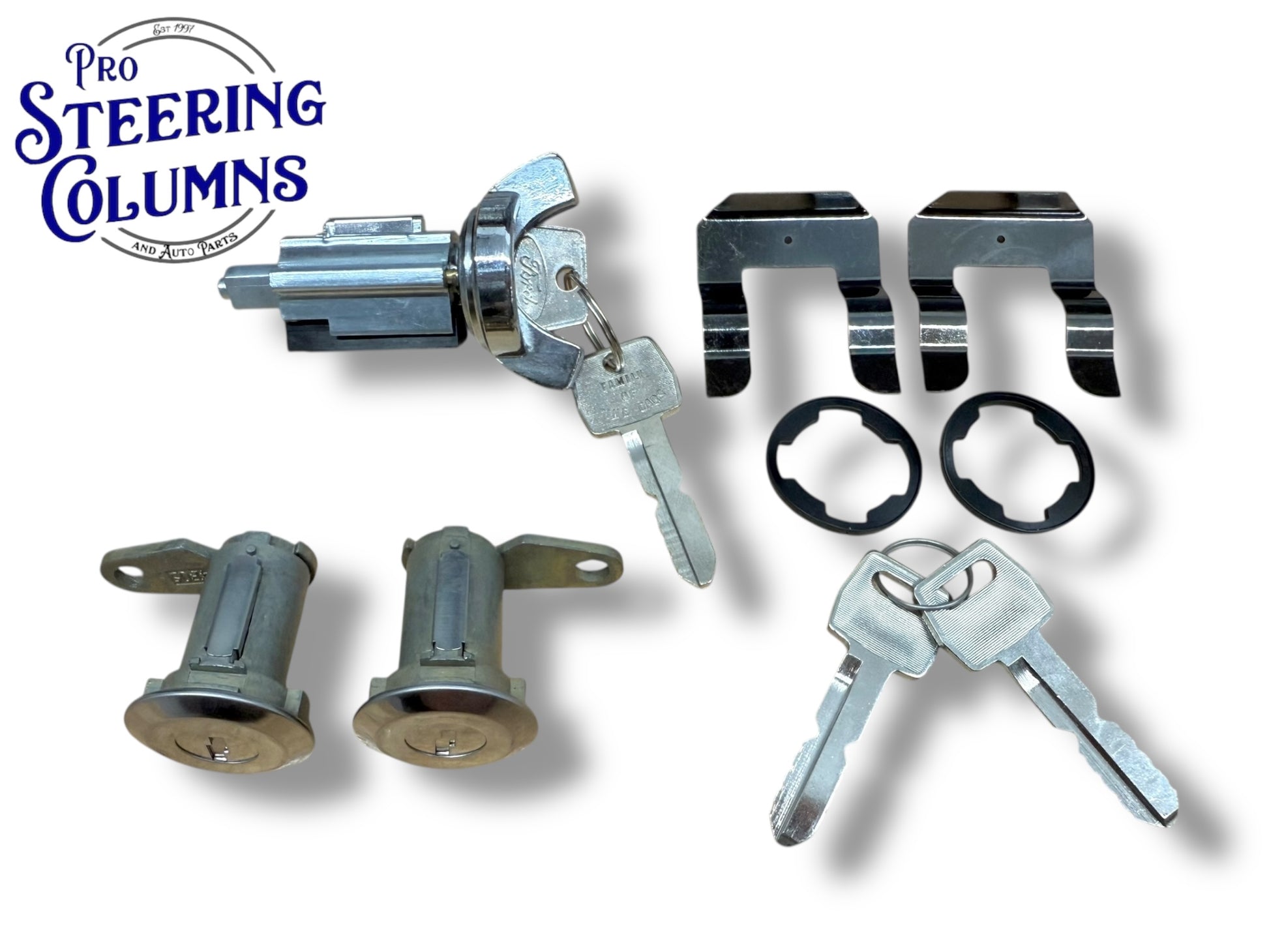 70-73 Mustang Cougar Falcon Ignition & Door Lock Cylinder Set Ford Logo Keys (Keyed Alike)