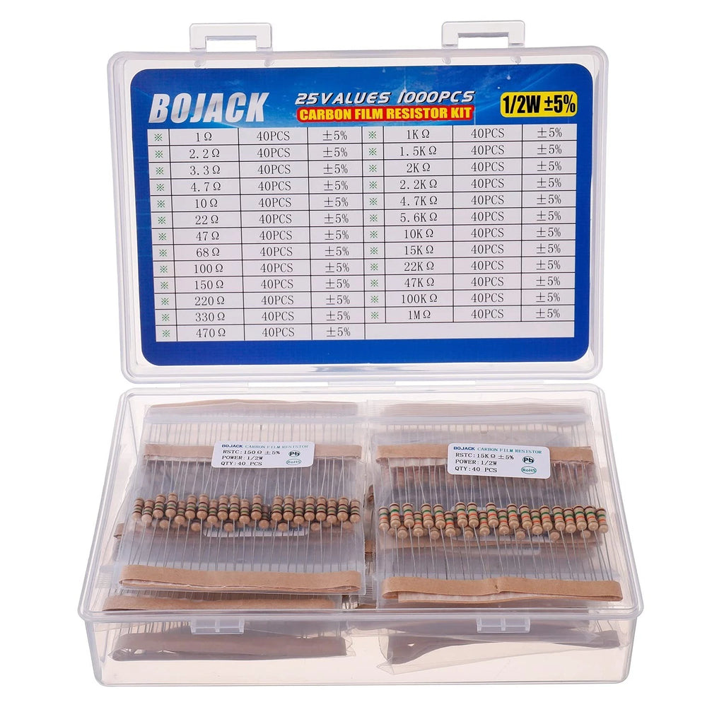BOJACK 1/2W Carbon Film Resistor Kit 1000 Pcs (25 values)