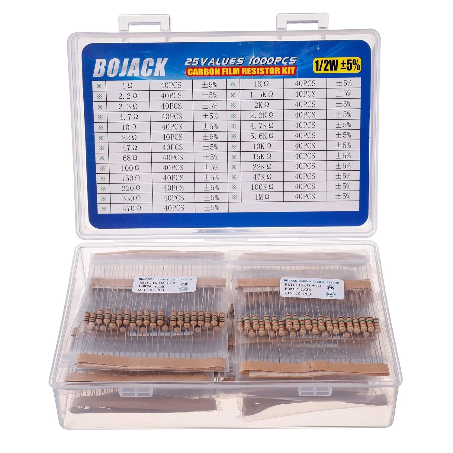 BOJACK 1/2W Carbon Film Resistor Kit 1000 Pcs (25 values)